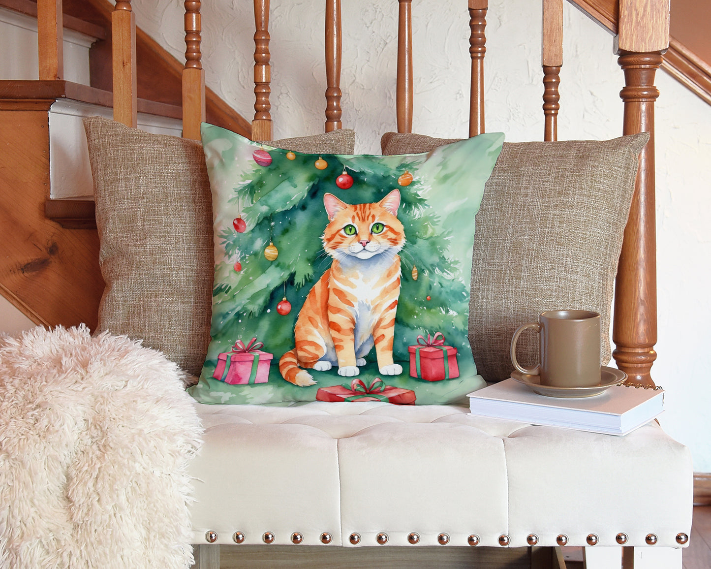 Cheetoh Cat By the Christmas Tree Throw Pillow
