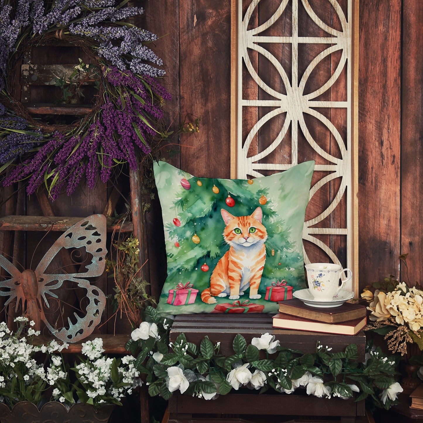 Cheetoh Cat By the Christmas Tree Throw Pillow