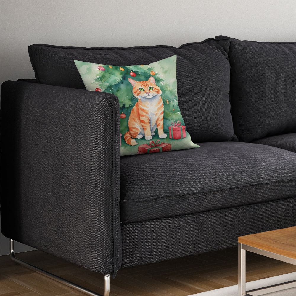 Cheetoh Cat By the Christmas Tree Throw Pillow