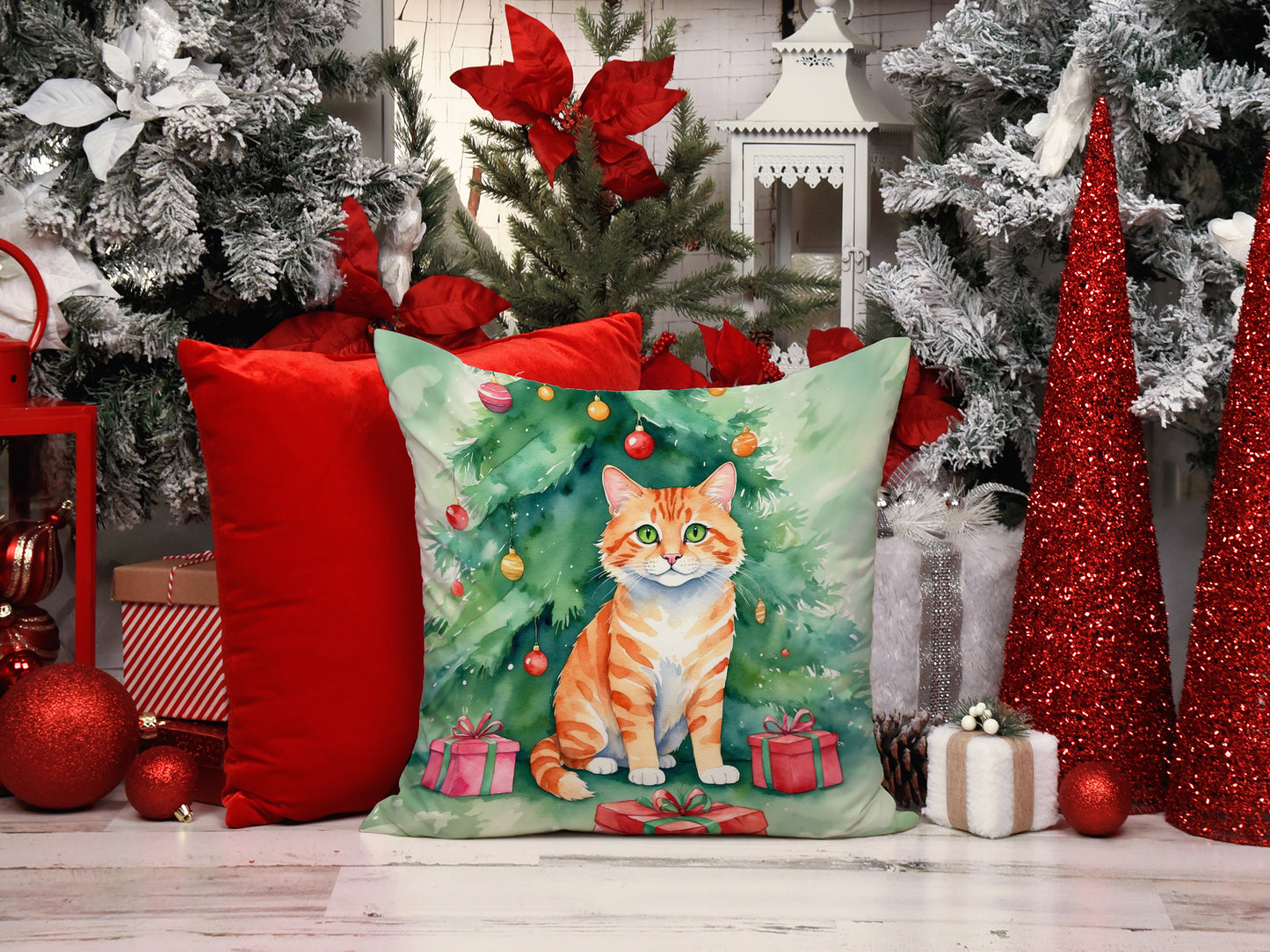 Cheetoh Cat By the Christmas Tree Throw Pillow