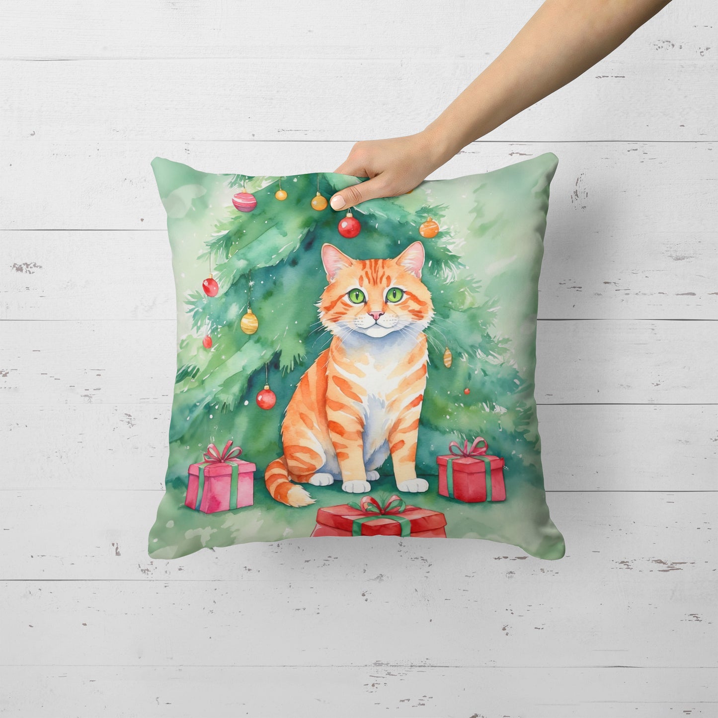 Cheetoh Cat By the Christmas Tree Throw Pillow