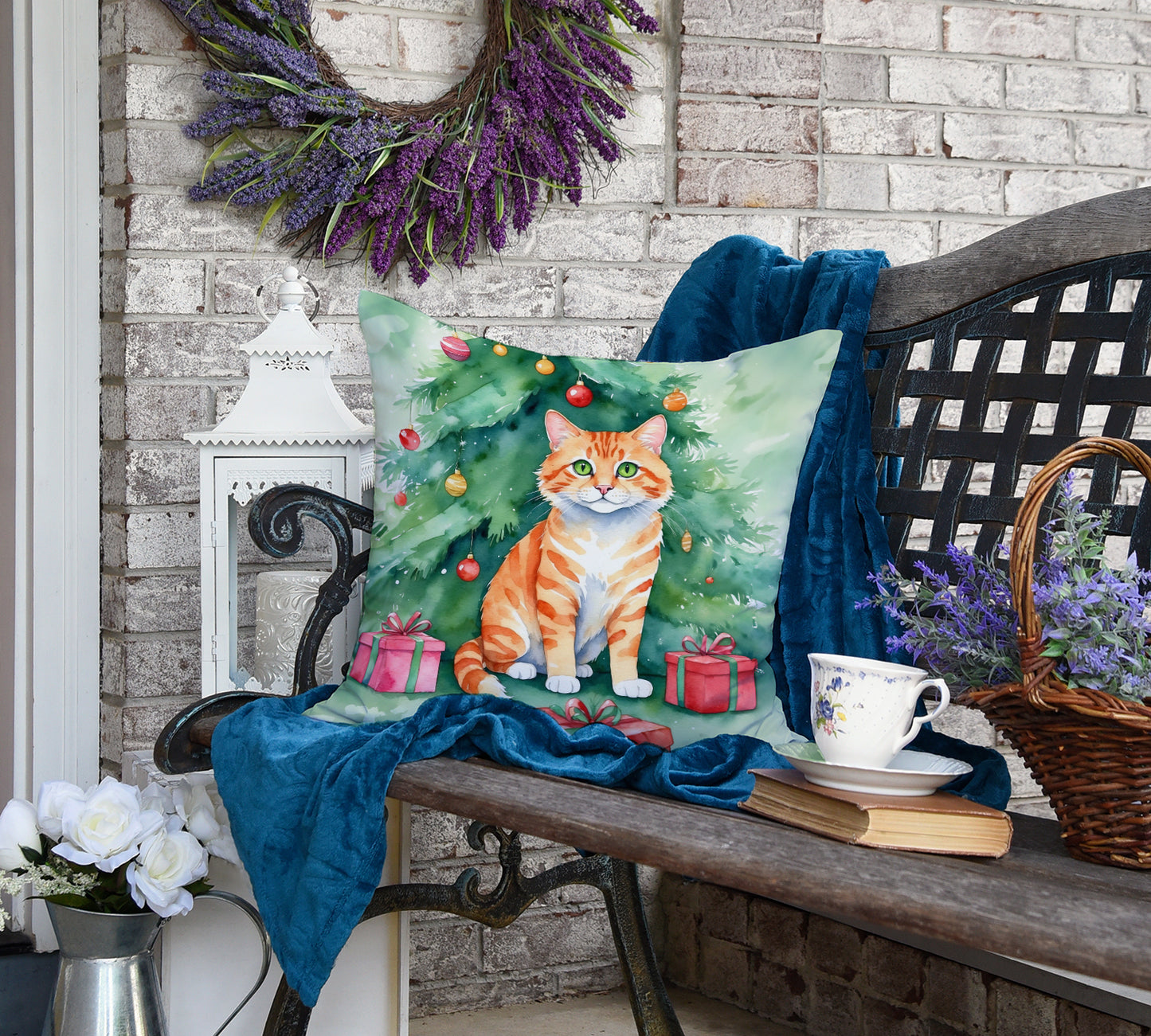 Cheetoh Cat By the Christmas Tree Throw Pillow