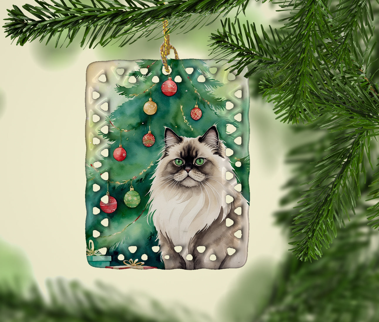 Colorpoint Longhair Cat By the Christmas Tree Porcelain Ornament