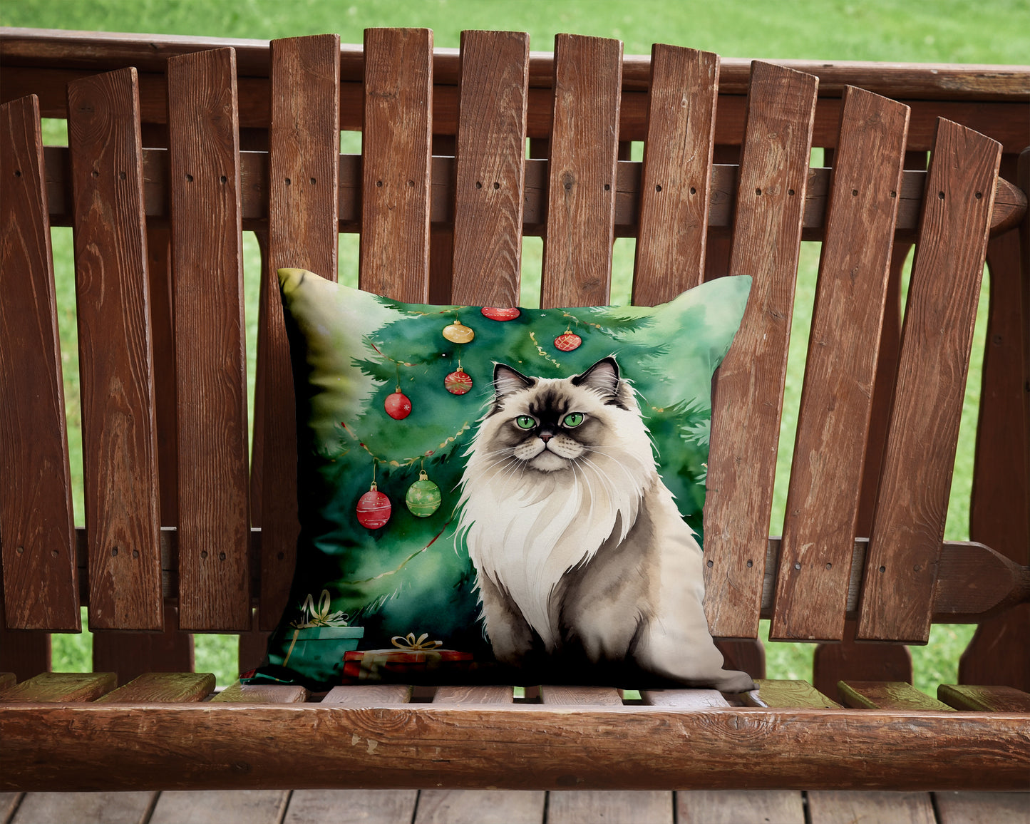 Colorpoint Longhair Cat By the Christmas Tree Throw Pillow