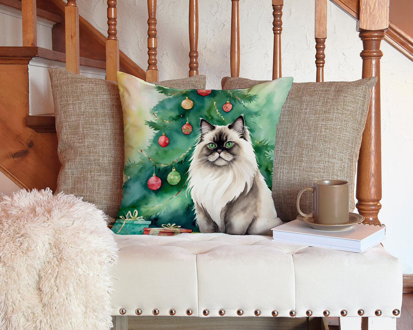 Colorpoint Longhair Cat By the Christmas Tree Throw Pillow