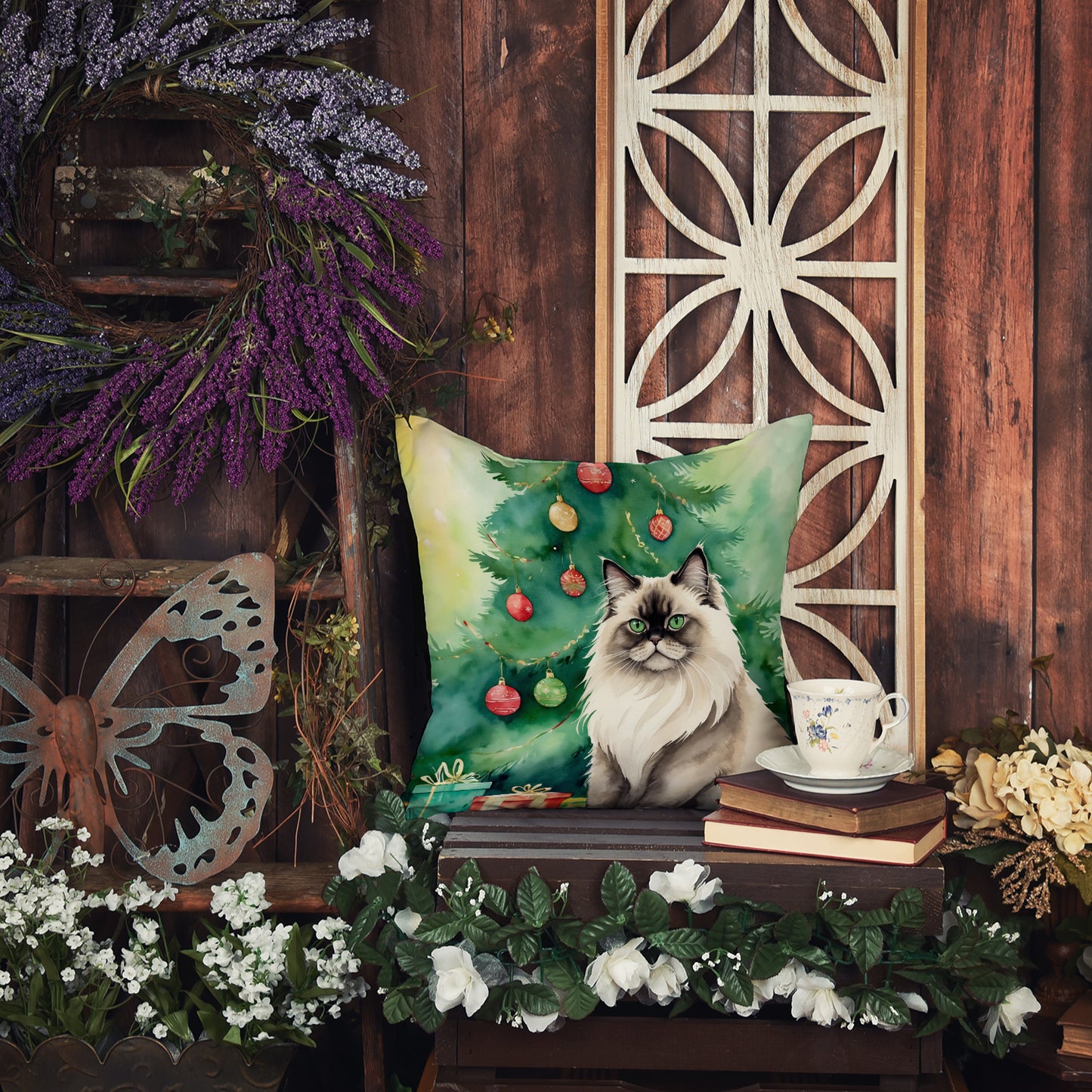 Colorpoint Longhair Cat By the Christmas Tree Throw Pillow