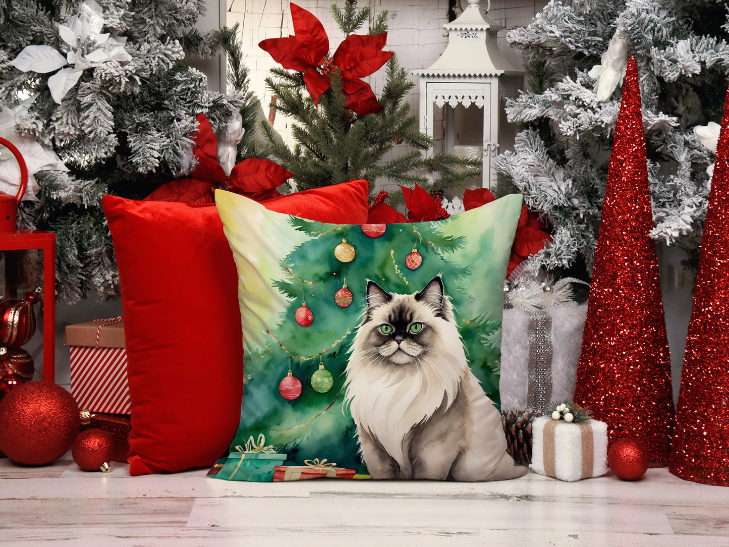 Colorpoint Longhair Cat By the Christmas Tree Throw Pillow