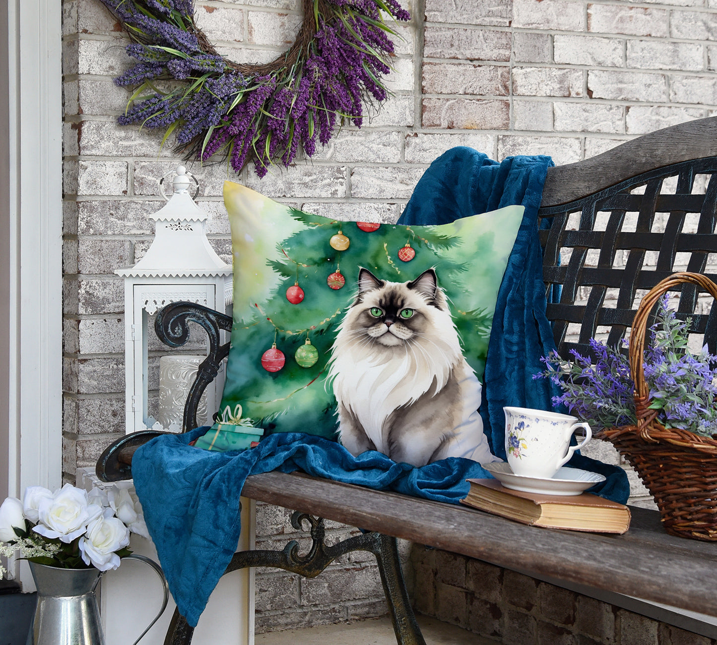Colorpoint Longhair Cat By the Christmas Tree Throw Pillow