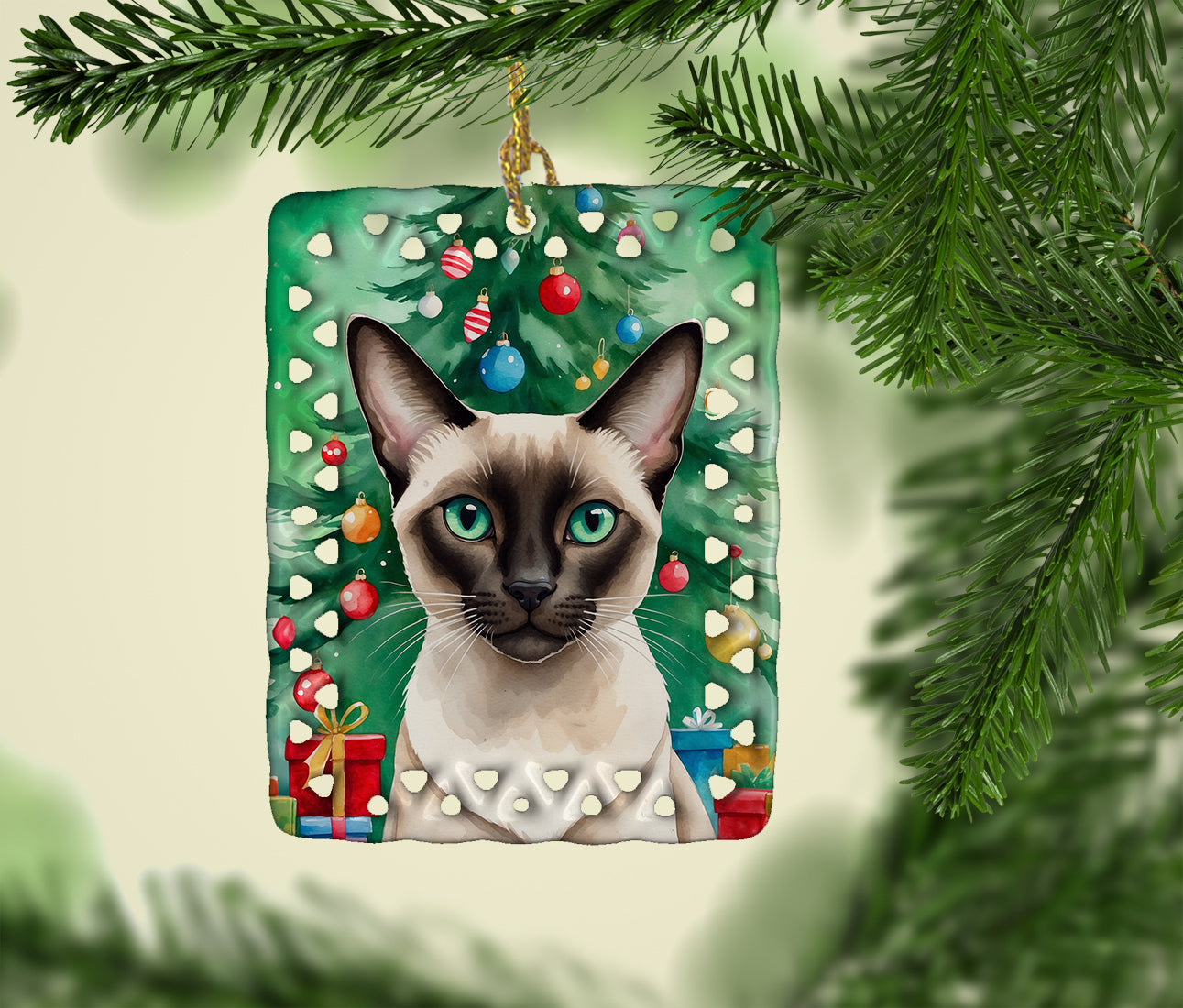 Colorpoint Shorthair Cat By the Christmas Tree Porcelain Ornament