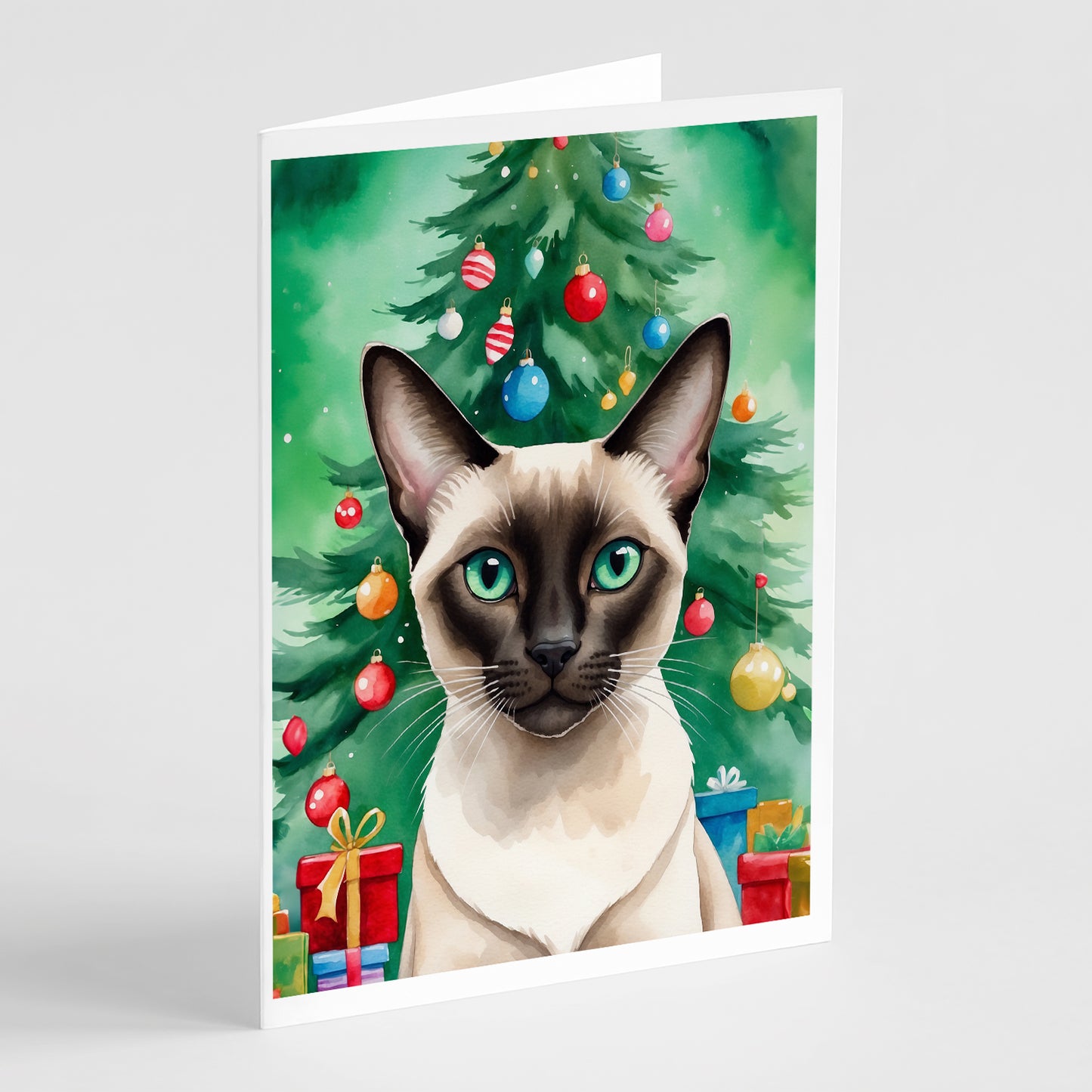 Buy this Colorpoint Shorthair Cat By the Christmas Tree Greeting Cards Pack of 8