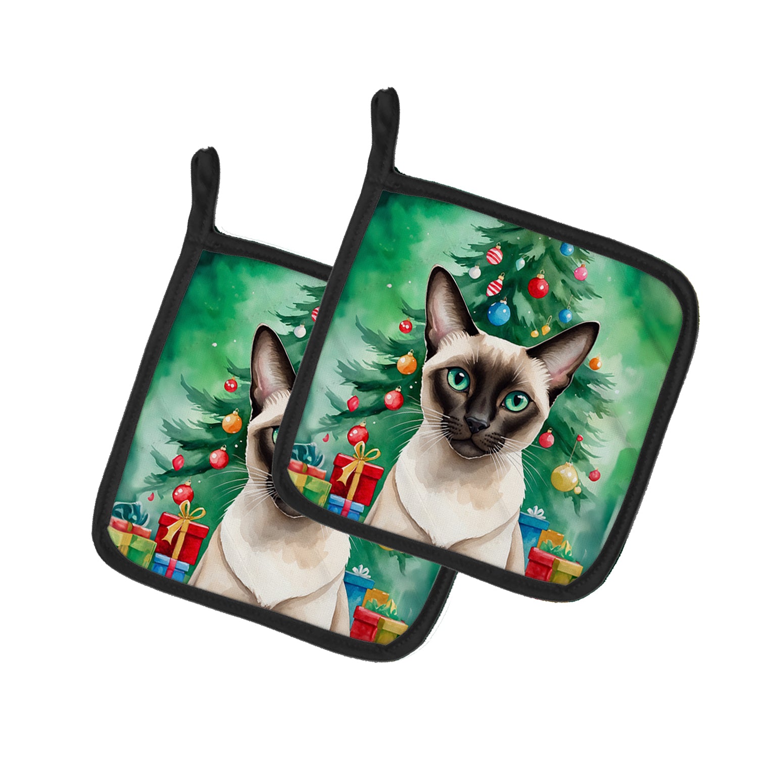 Buy this Colorpoint Shorthair Cat By the Christmas Tree Pair of Pot Holders