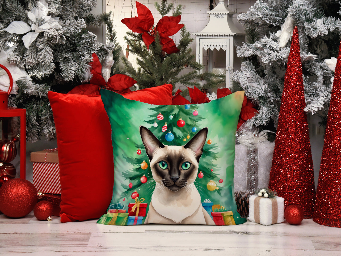 Colorpoint Shorthair Cat By the Christmas Tree Throw Pillow