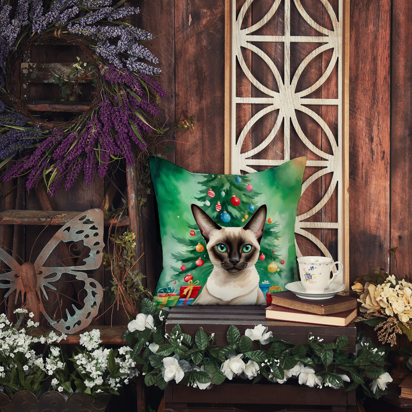 Colorpoint Shorthair Cat By the Christmas Tree Throw Pillow
