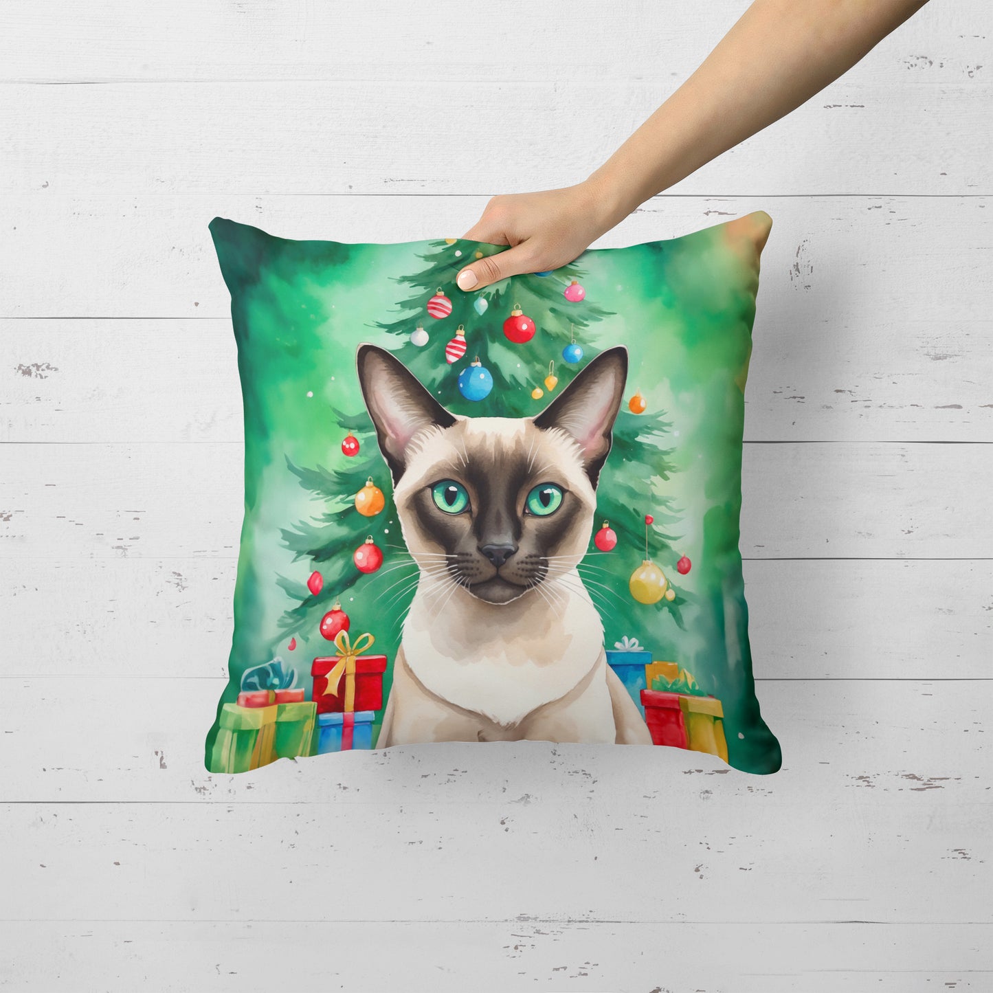 Colorpoint Shorthair Cat By the Christmas Tree Throw Pillow