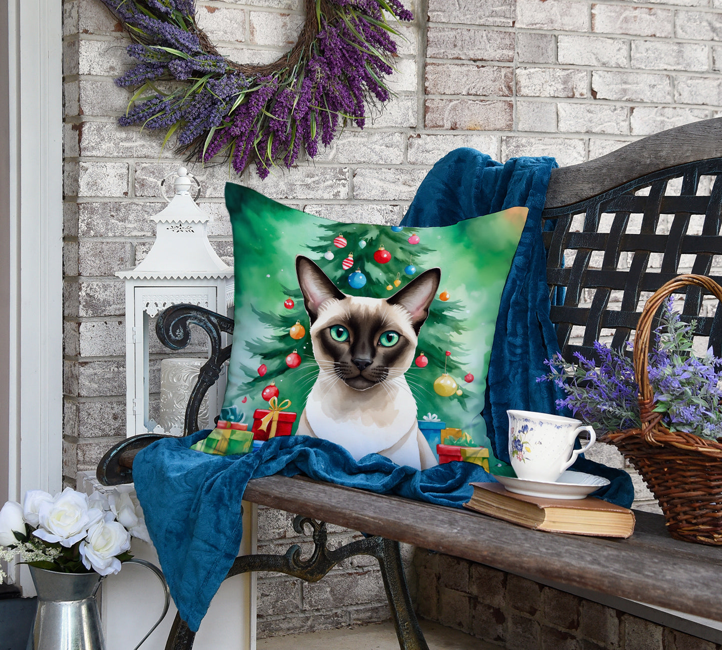 Colorpoint Shorthair Cat By the Christmas Tree Throw Pillow