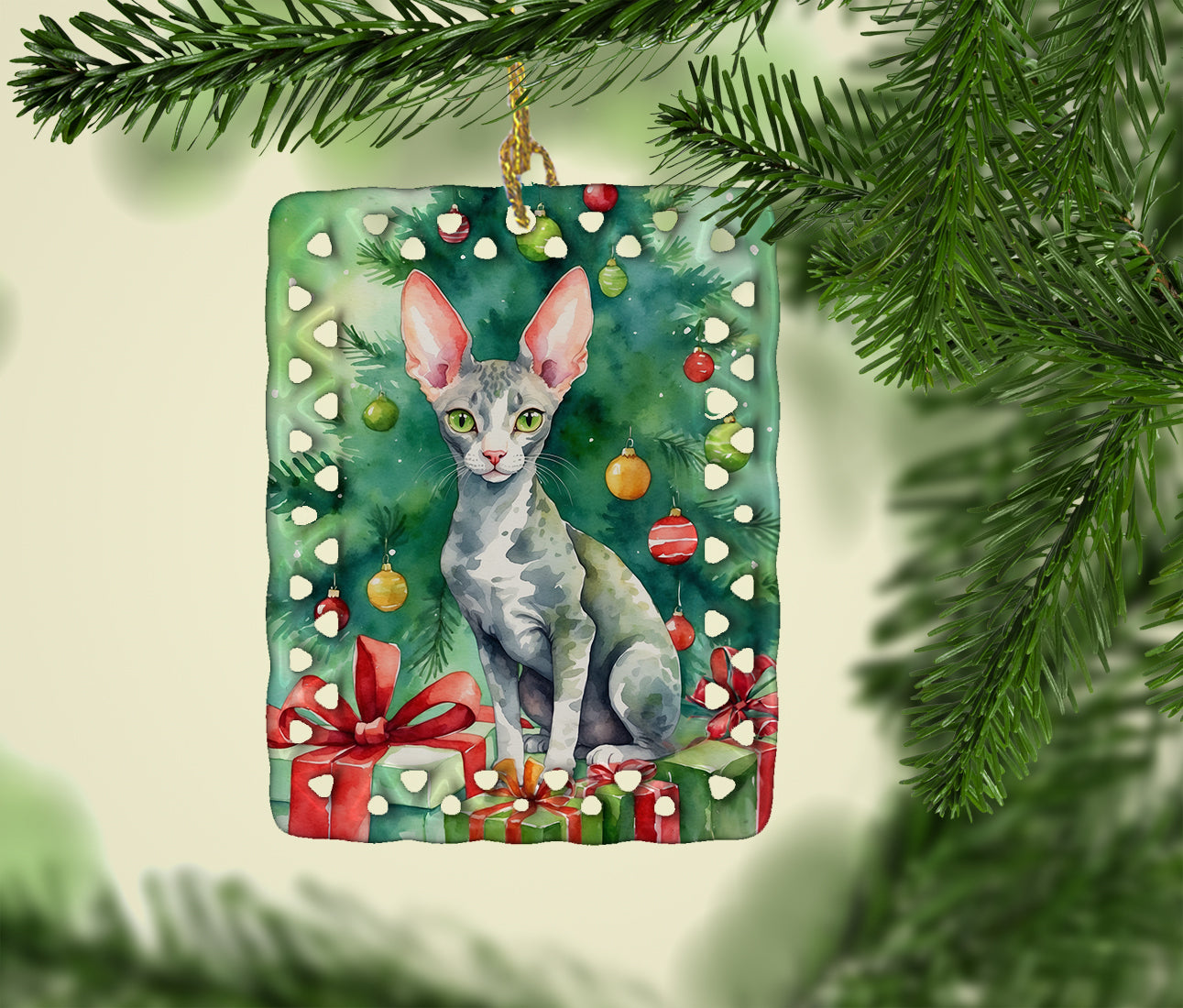 Cornish Rex Cat By the Christmas Tree Porcelain Ornament