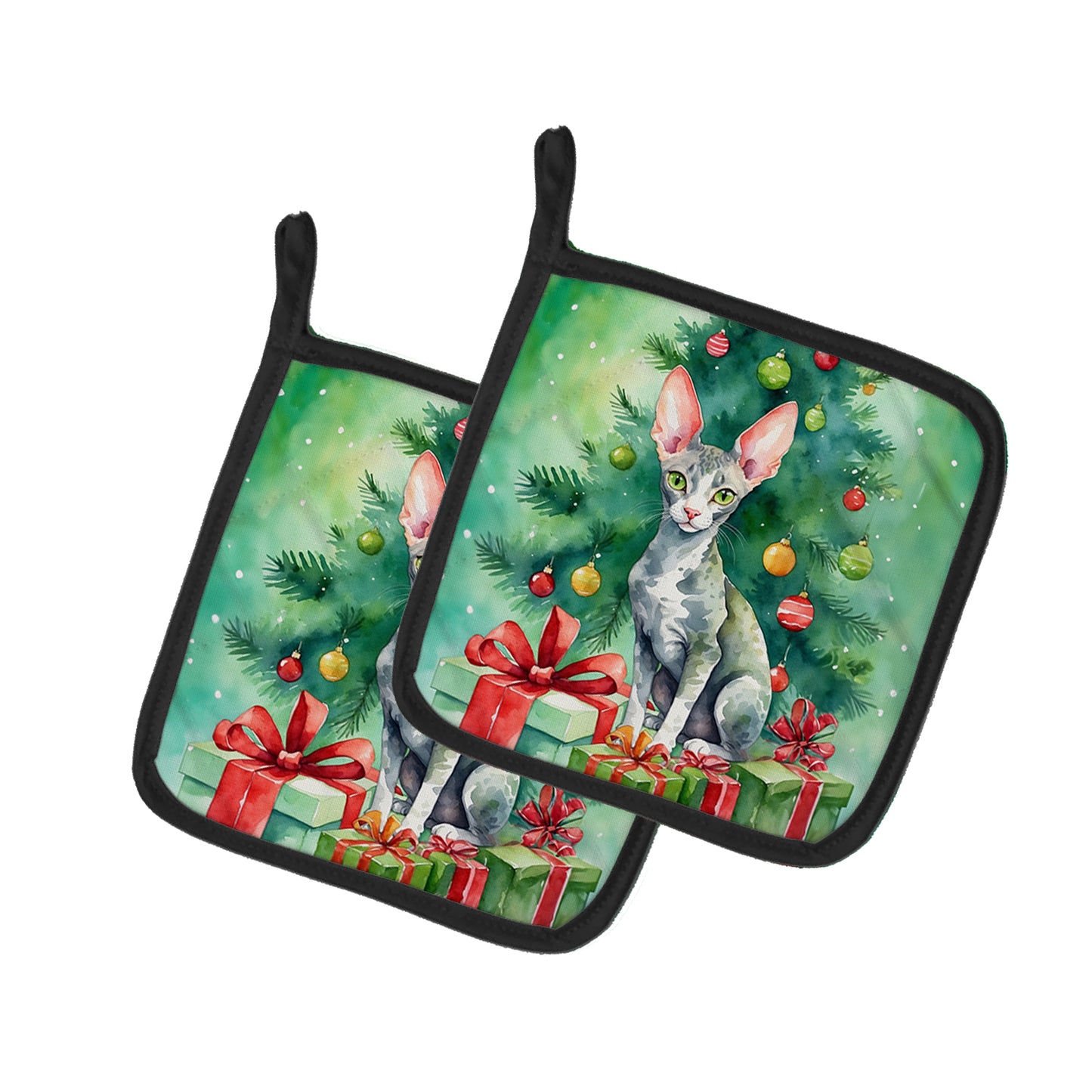 Buy this Cornish Rex Cat By the Christmas Tree Pair of Pot Holders