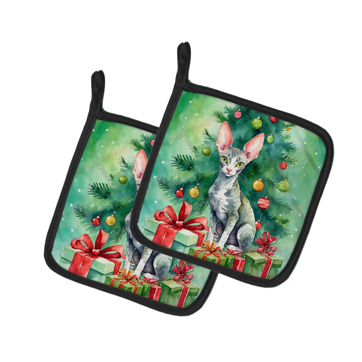 Buy this Cornish Rex Cat By the Christmas Tree Pair of Pot Holders