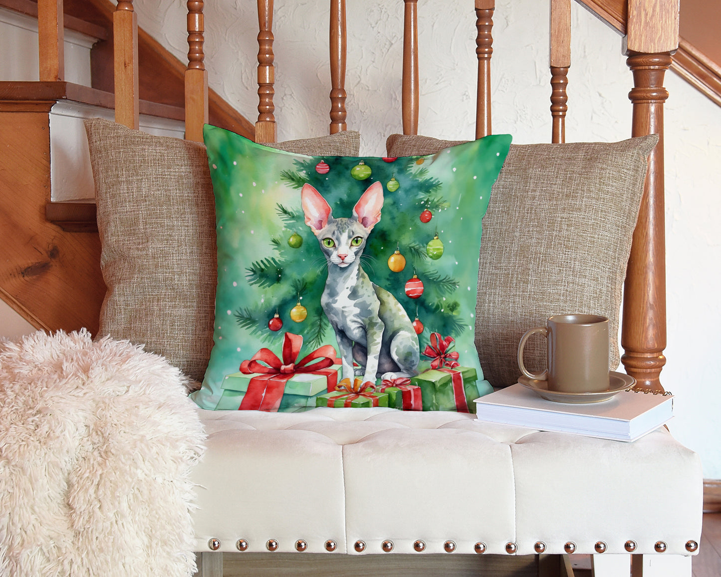 Cornish Rex Cat By the Christmas Tree Throw Pillow