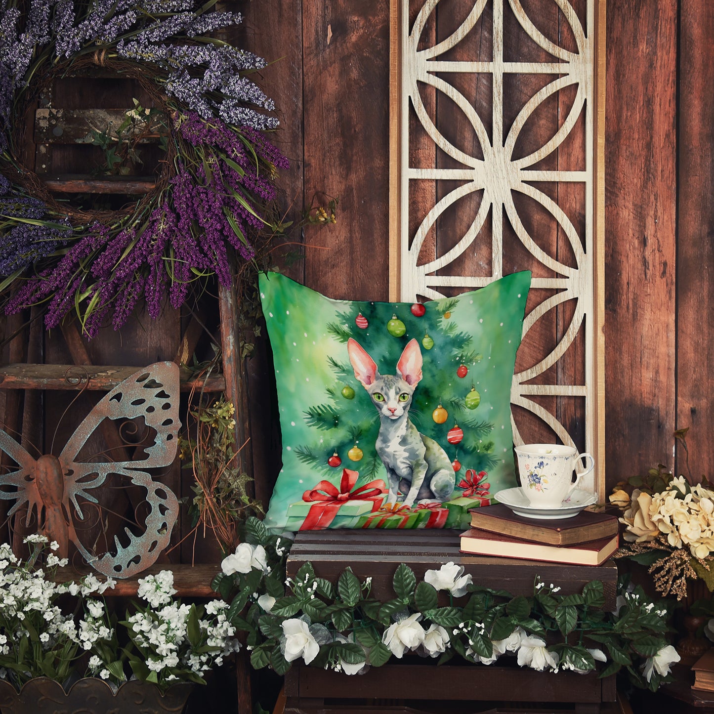Cornish Rex Cat By the Christmas Tree Throw Pillow