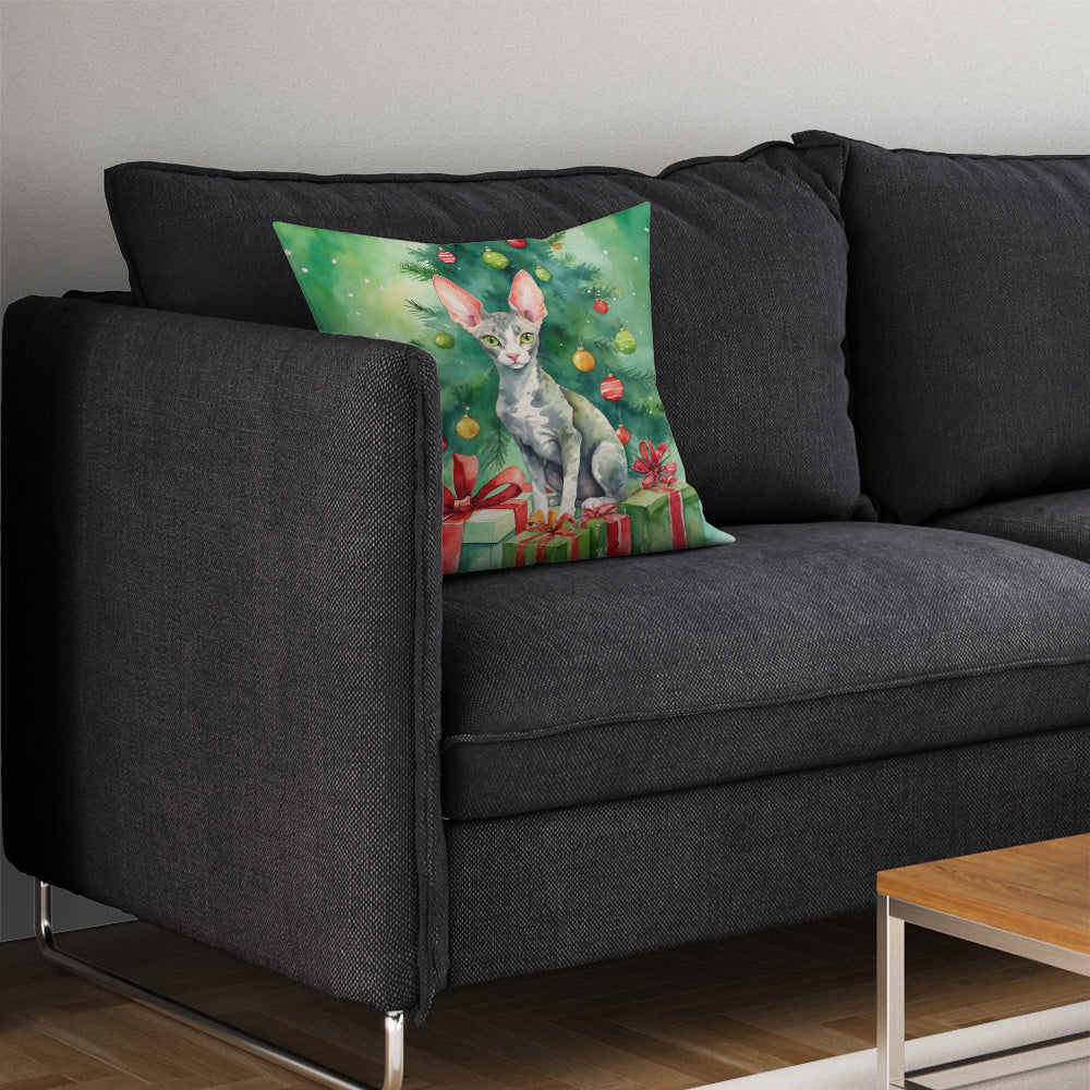 Cornish Rex Cat By the Christmas Tree Throw Pillow