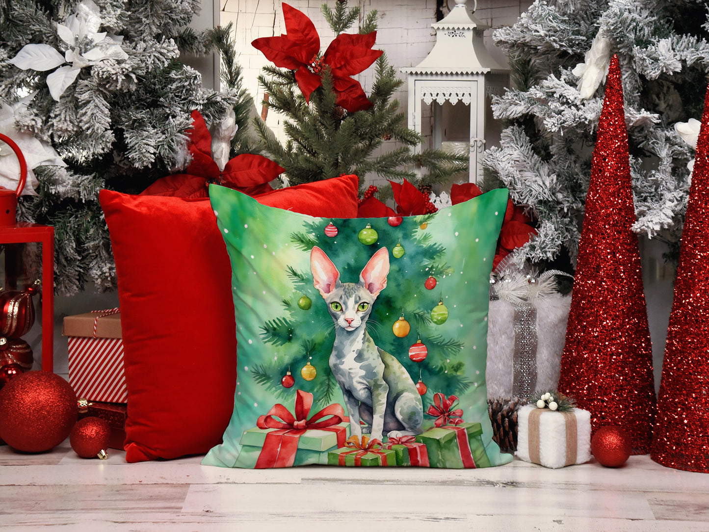 Cornish Rex Cat By the Christmas Tree Throw Pillow