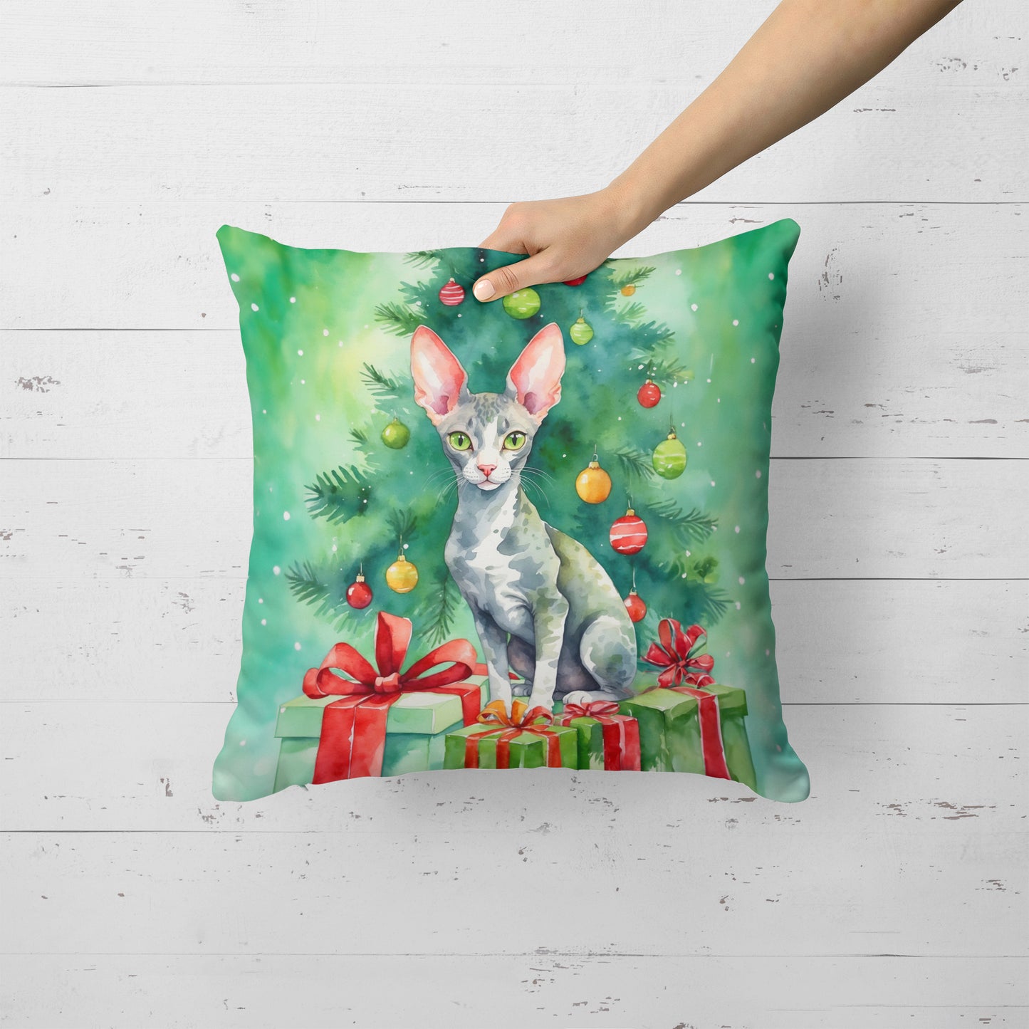 Cornish Rex Cat By the Christmas Tree Throw Pillow