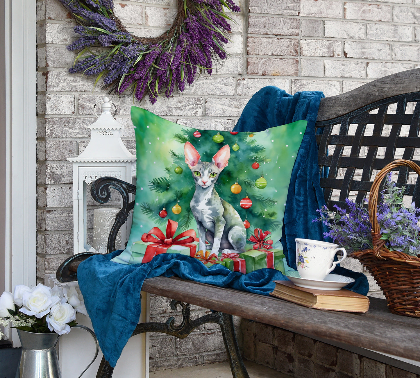 Cornish Rex Cat By the Christmas Tree Throw Pillow