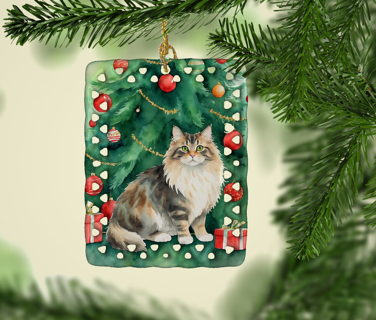 Cymric Cat By the Christmas Tree Porcelain Ornament
