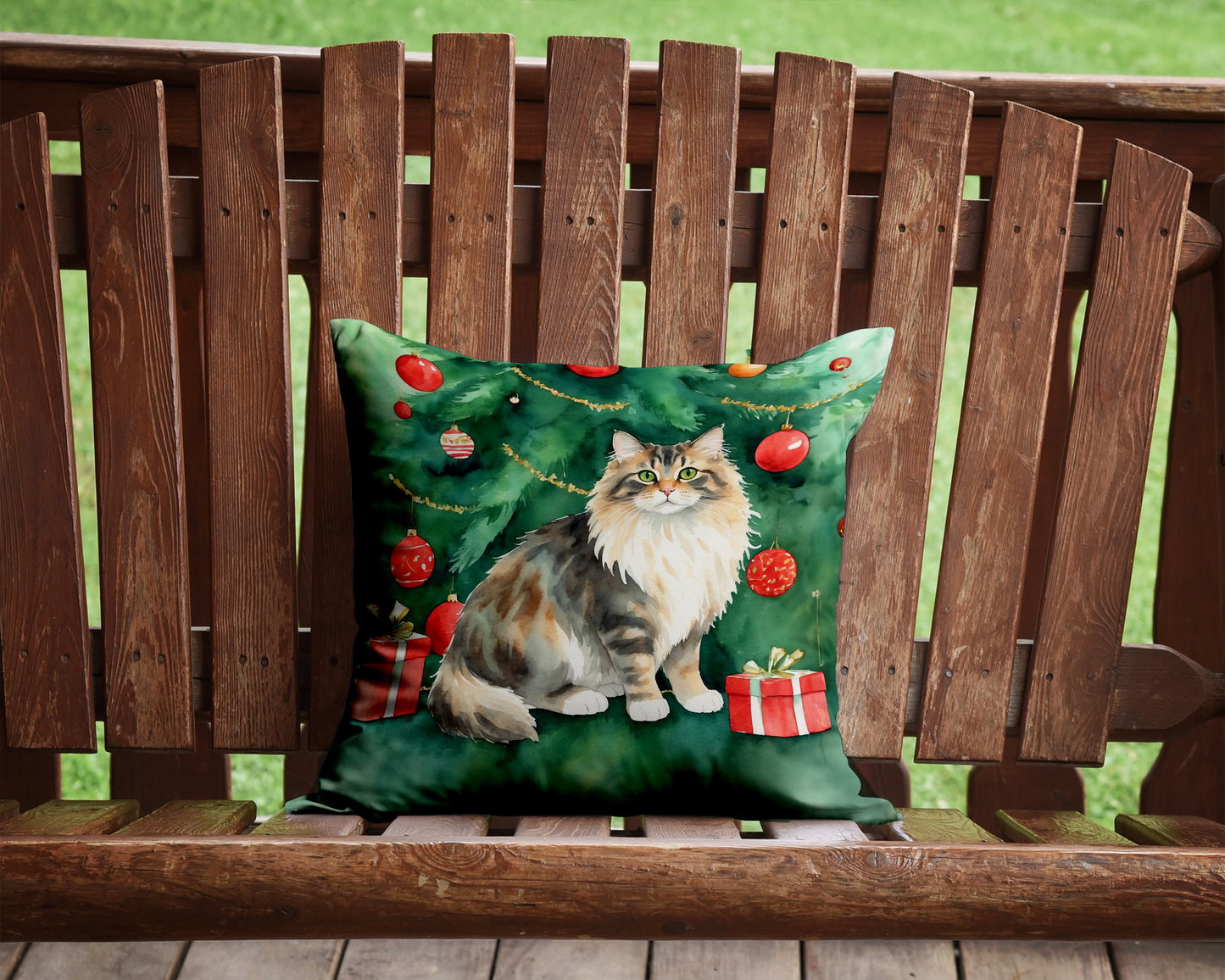 Cymric Cat By the Christmas Tree Throw Pillow