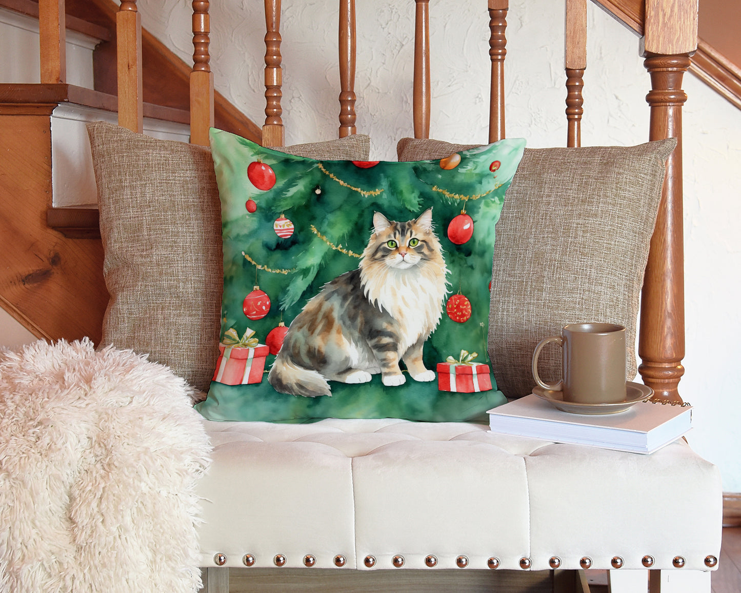 Cymric Cat By the Christmas Tree Throw Pillow