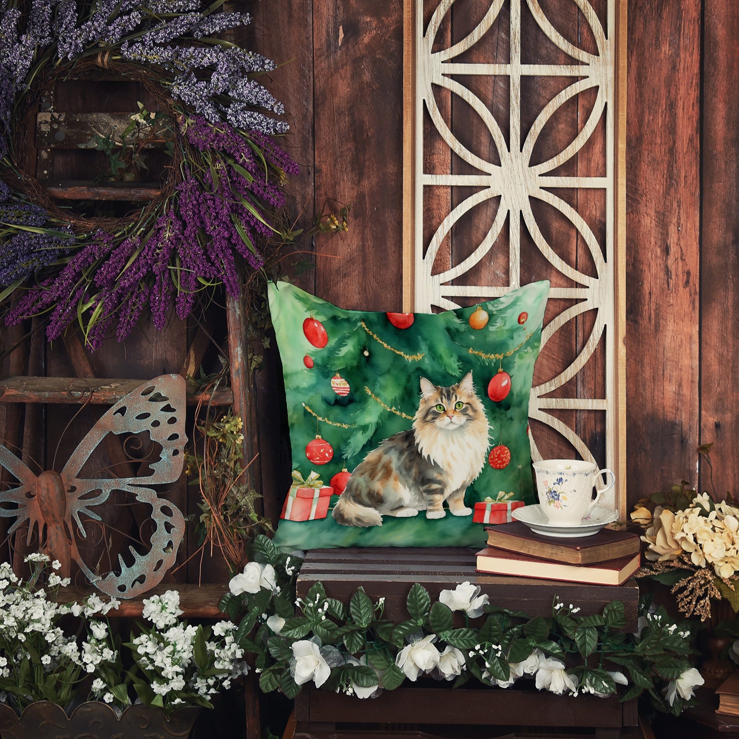 Cymric Cat By the Christmas Tree Throw Pillow