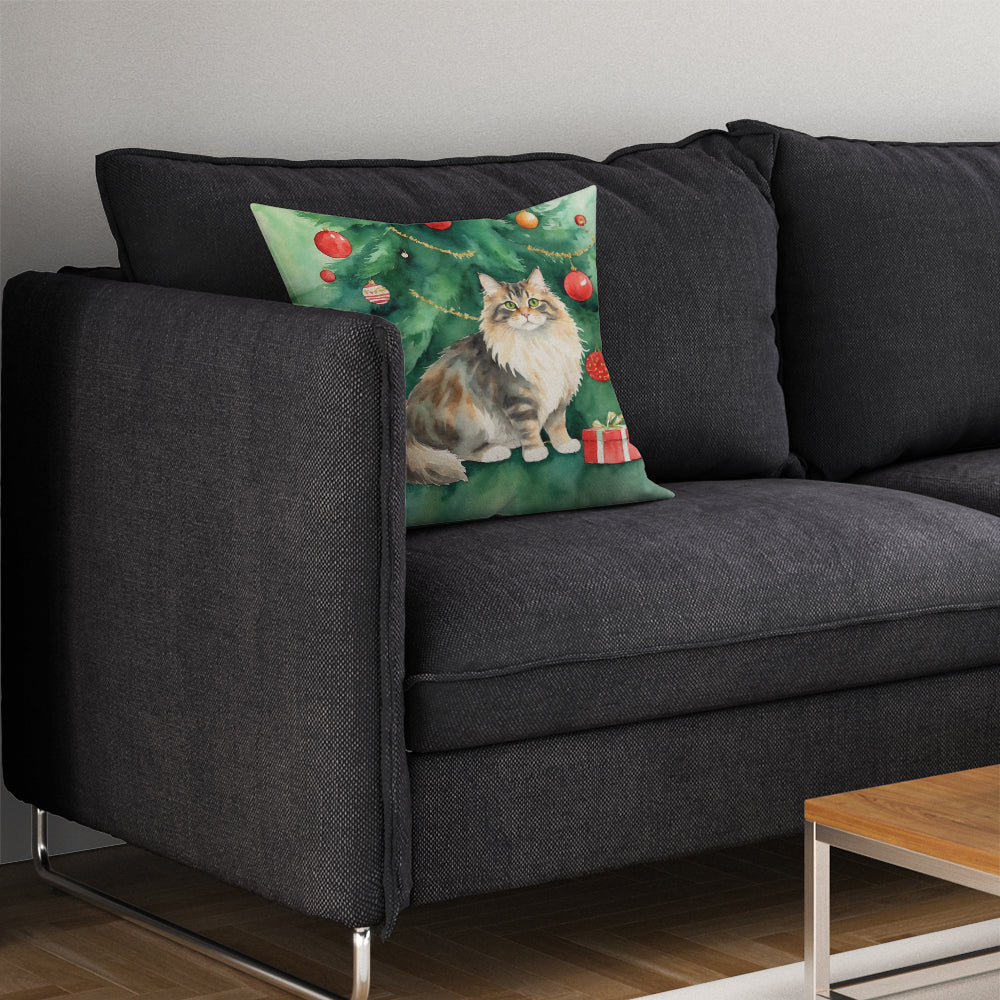 Cymric Cat By the Christmas Tree Throw Pillow