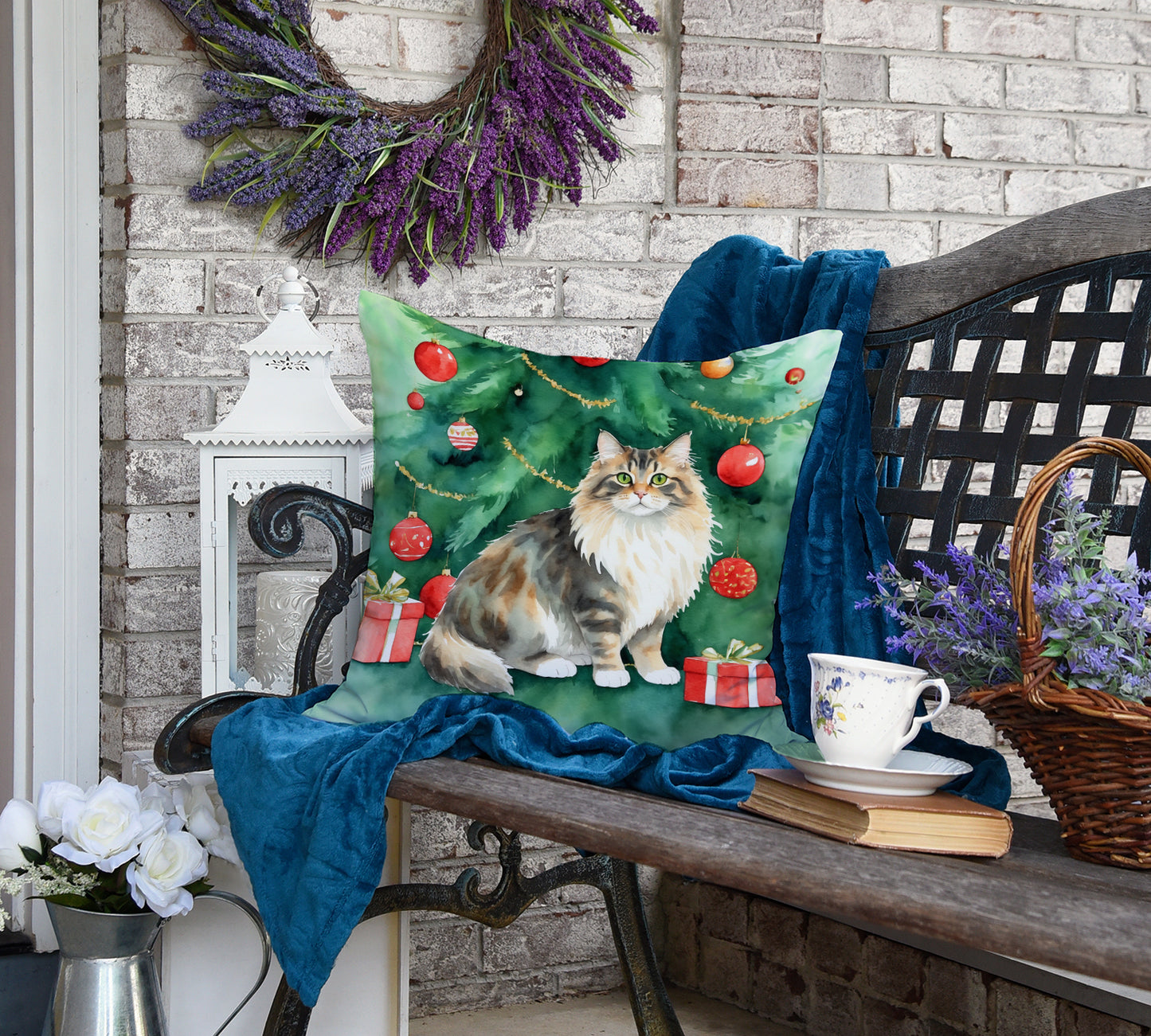 Cymric Cat By the Christmas Tree Throw Pillow