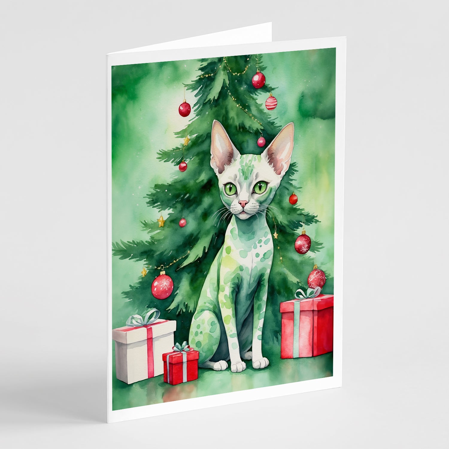 Buy this Devon Rex Cat By the Christmas Tree Greeting Cards Pack of 8