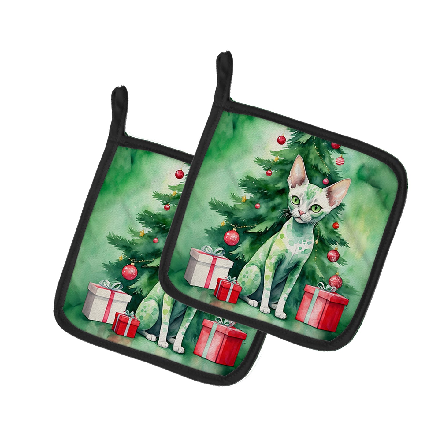 Buy this Devon Rex Cat By the Christmas Tree Pair of Pot Holders