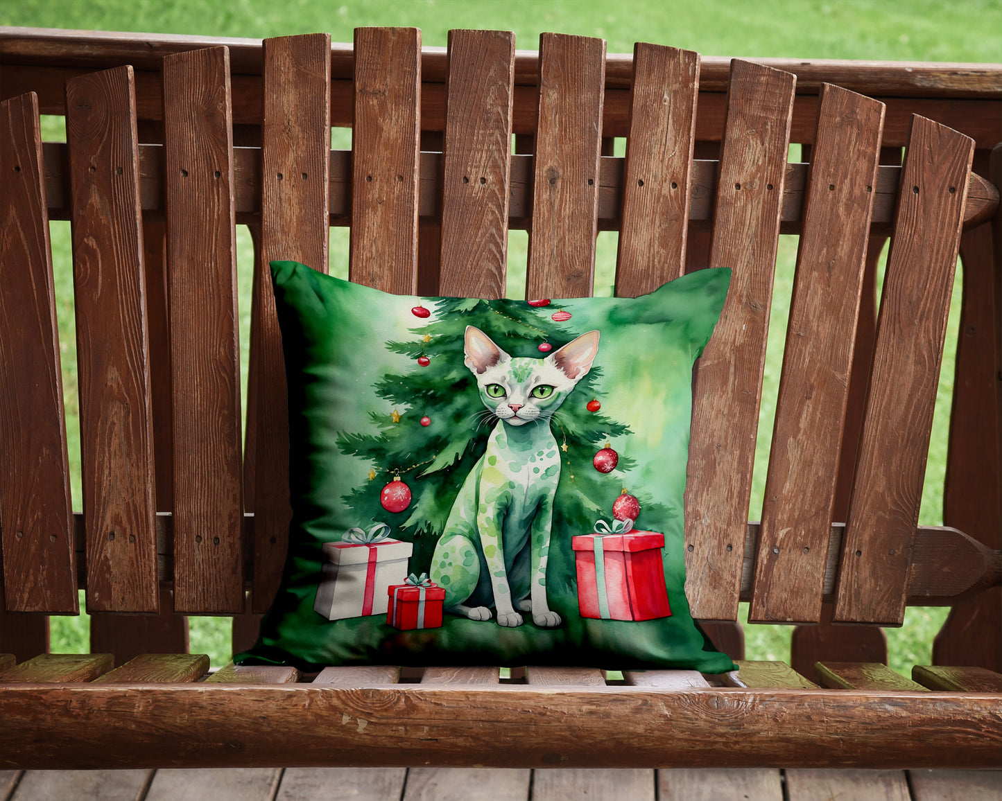 Devon Rex Cat By the Christmas Tree Throw Pillow