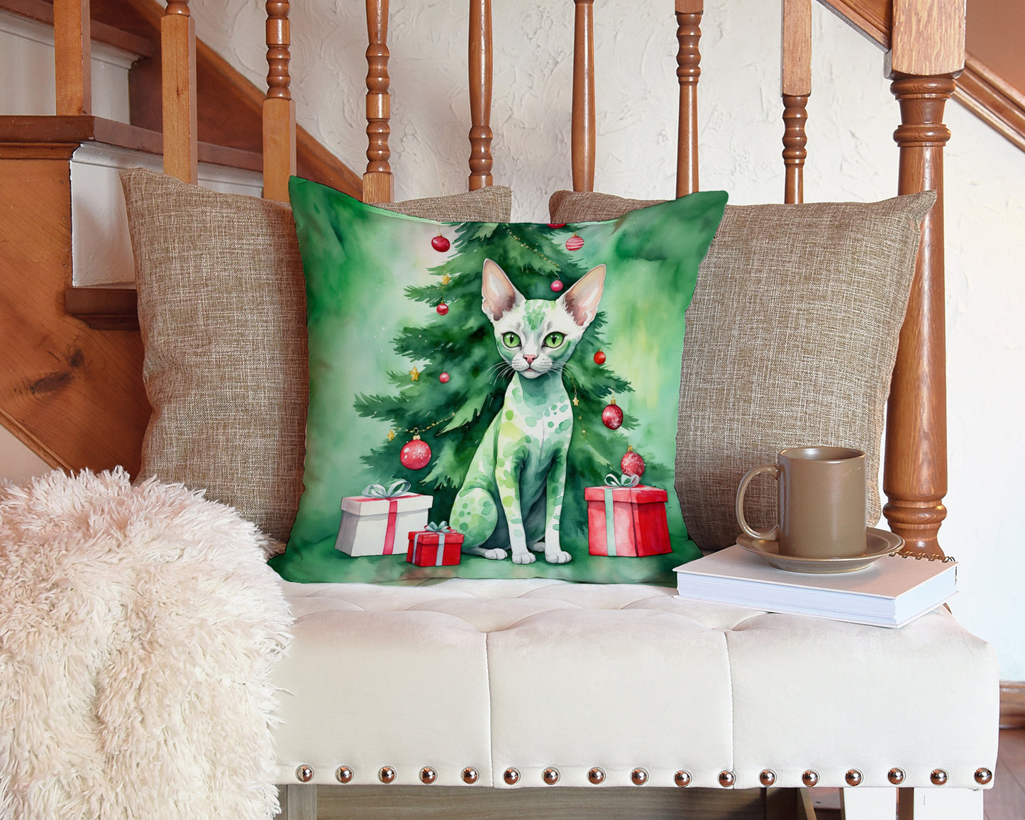 Devon Rex Cat By the Christmas Tree Throw Pillow