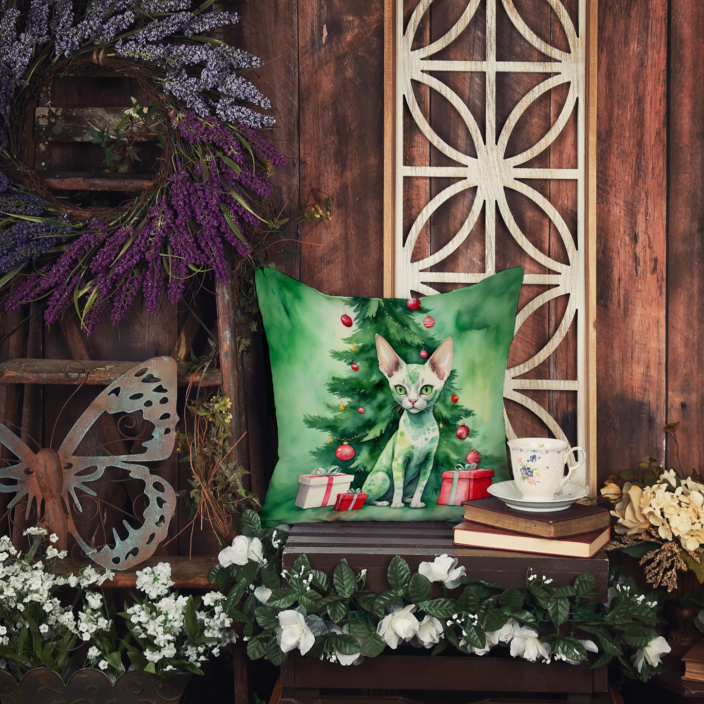 Devon Rex Cat By the Christmas Tree Throw Pillow