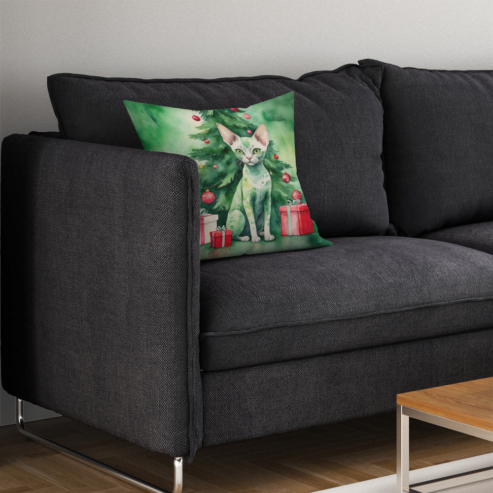 Devon Rex Cat By the Christmas Tree Throw Pillow