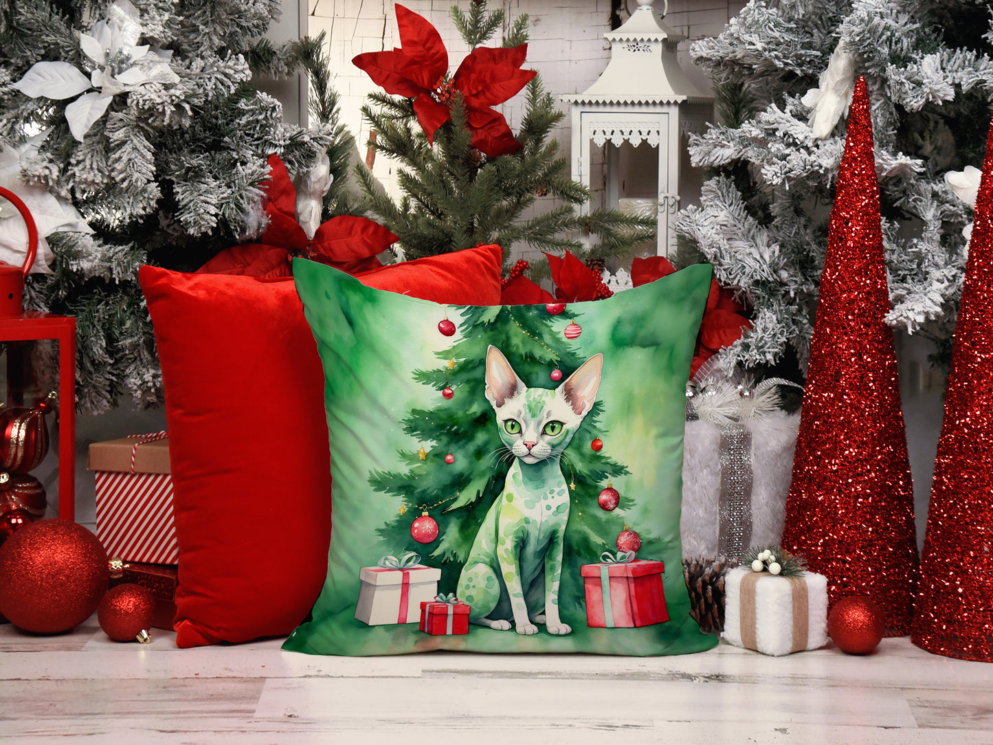 Devon Rex Cat By the Christmas Tree Throw Pillow