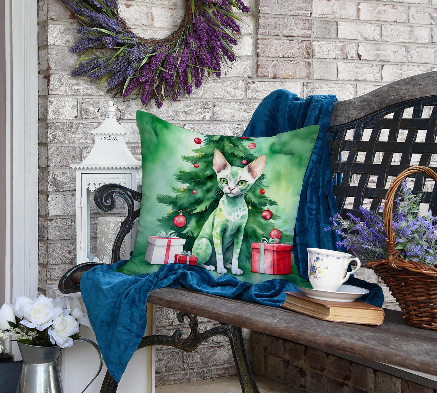 Devon Rex Cat By the Christmas Tree Throw Pillow