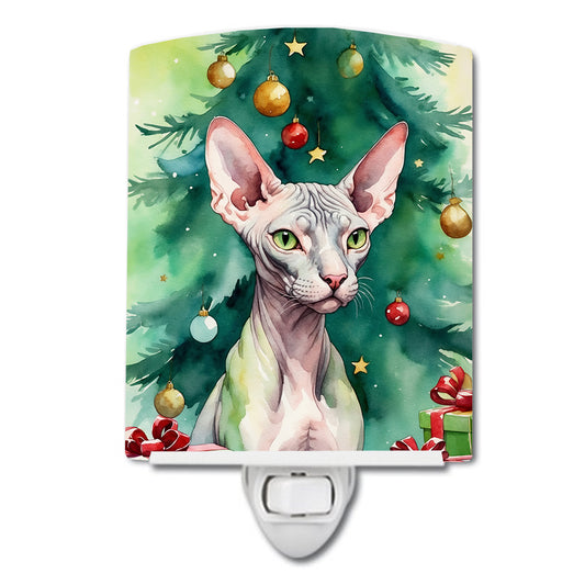 Buy this Donskoy Don Sphynx Cat By the Christmas Tree Ceramic Night Light
