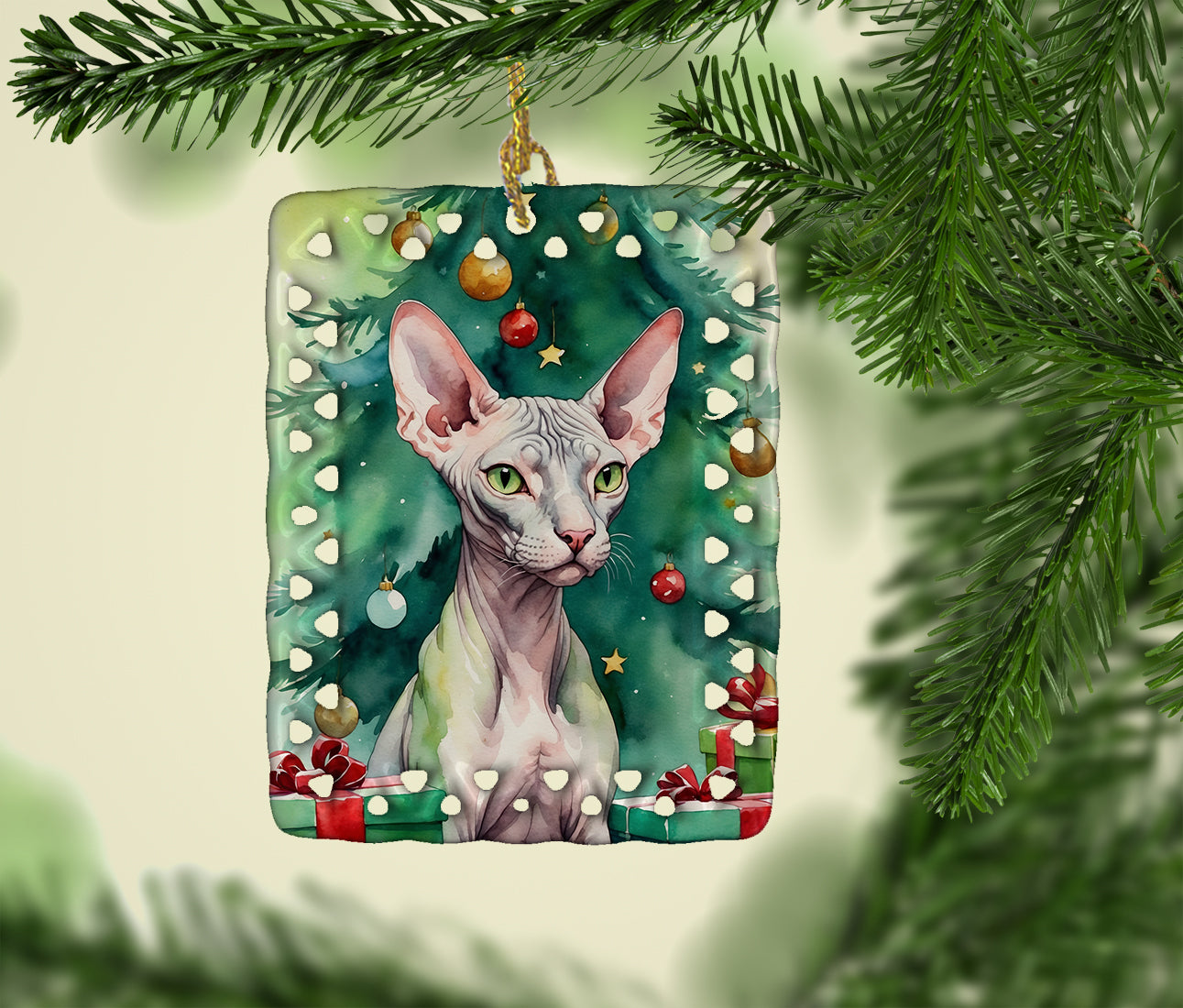 Donskoy Don Sphynx Cat By the Christmas Tree Porcelain Ornament