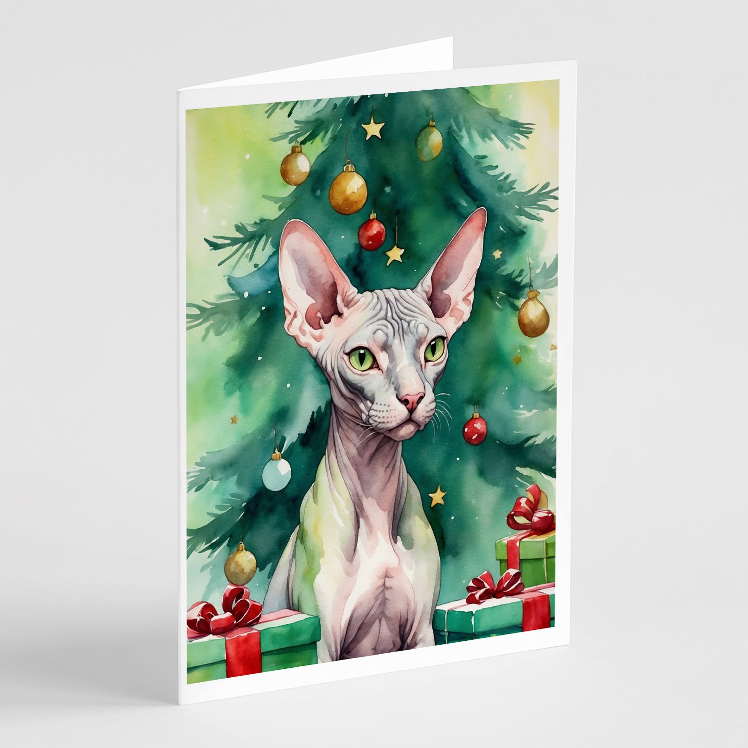 Buy this Donskoy Don Sphynx Cat By the Christmas Tree Greeting Cards Pack of 8