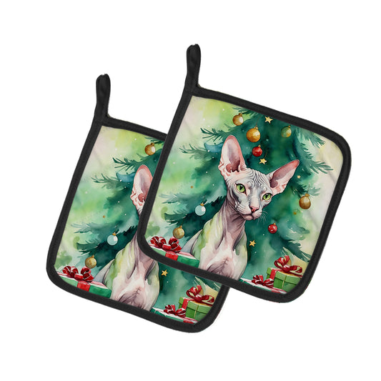 Buy this Donskoy Don Sphynx Cat By the Christmas Tree Pair of Pot Holders
