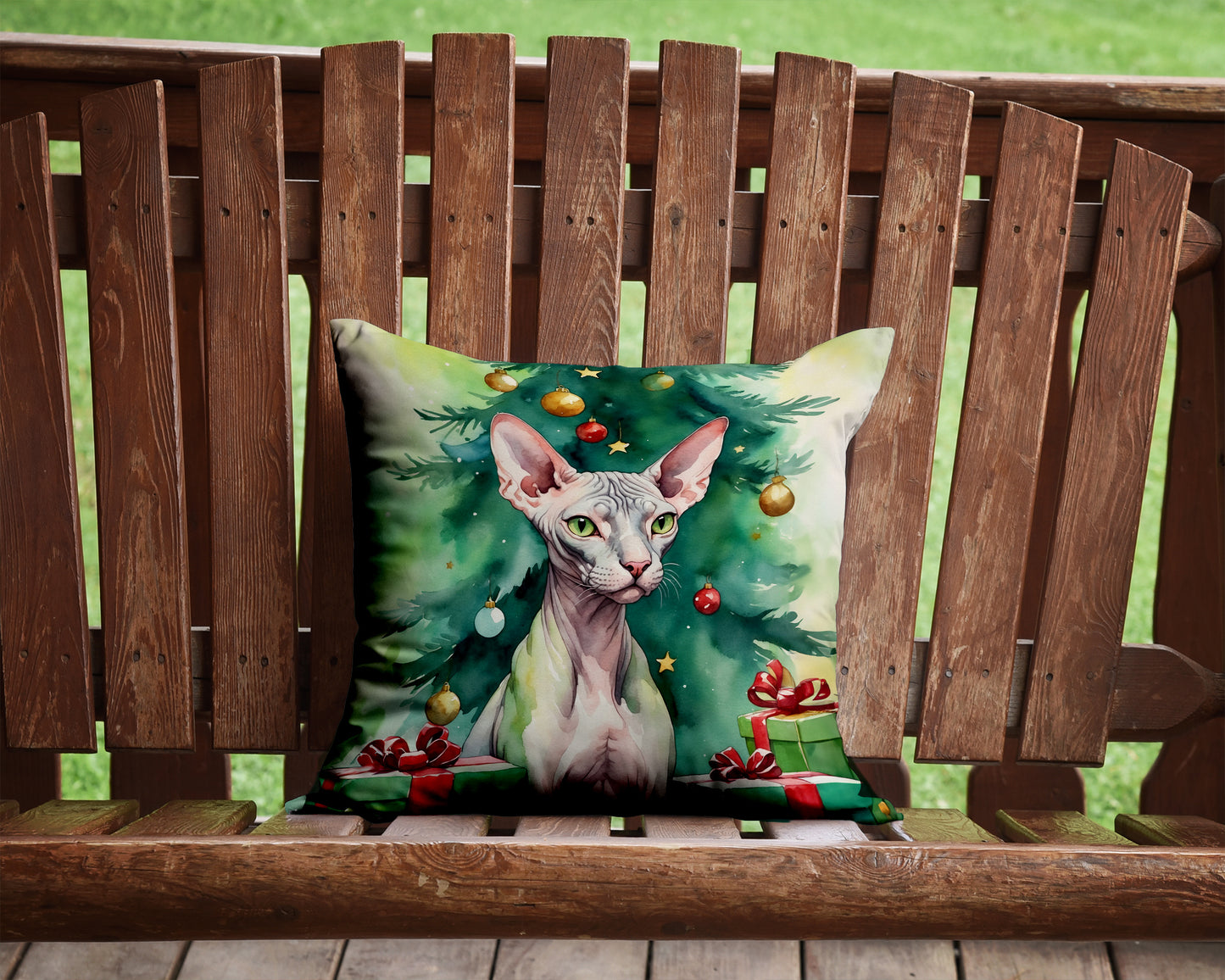 Donskoy Don Sphynx Cat By the Christmas Tree Throw Pillow