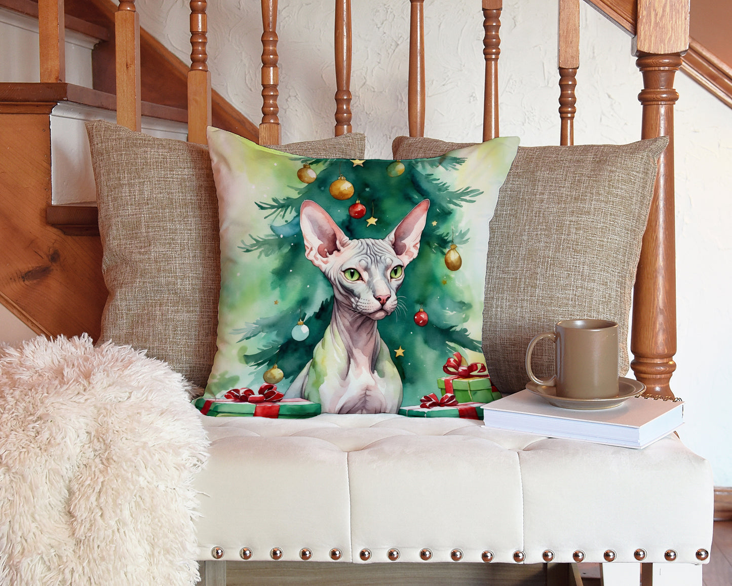 Donskoy Don Sphynx Cat By the Christmas Tree Throw Pillow
