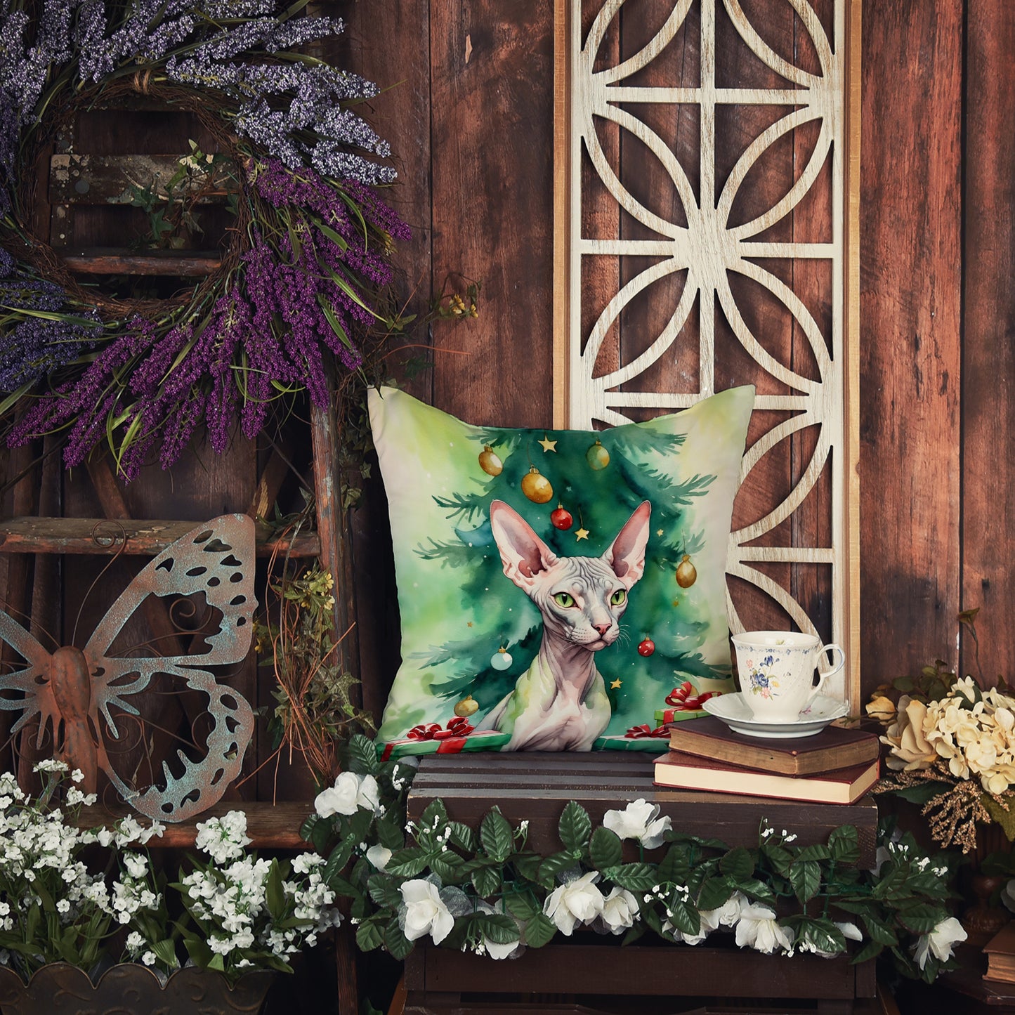 Donskoy Don Sphynx Cat By the Christmas Tree Throw Pillow