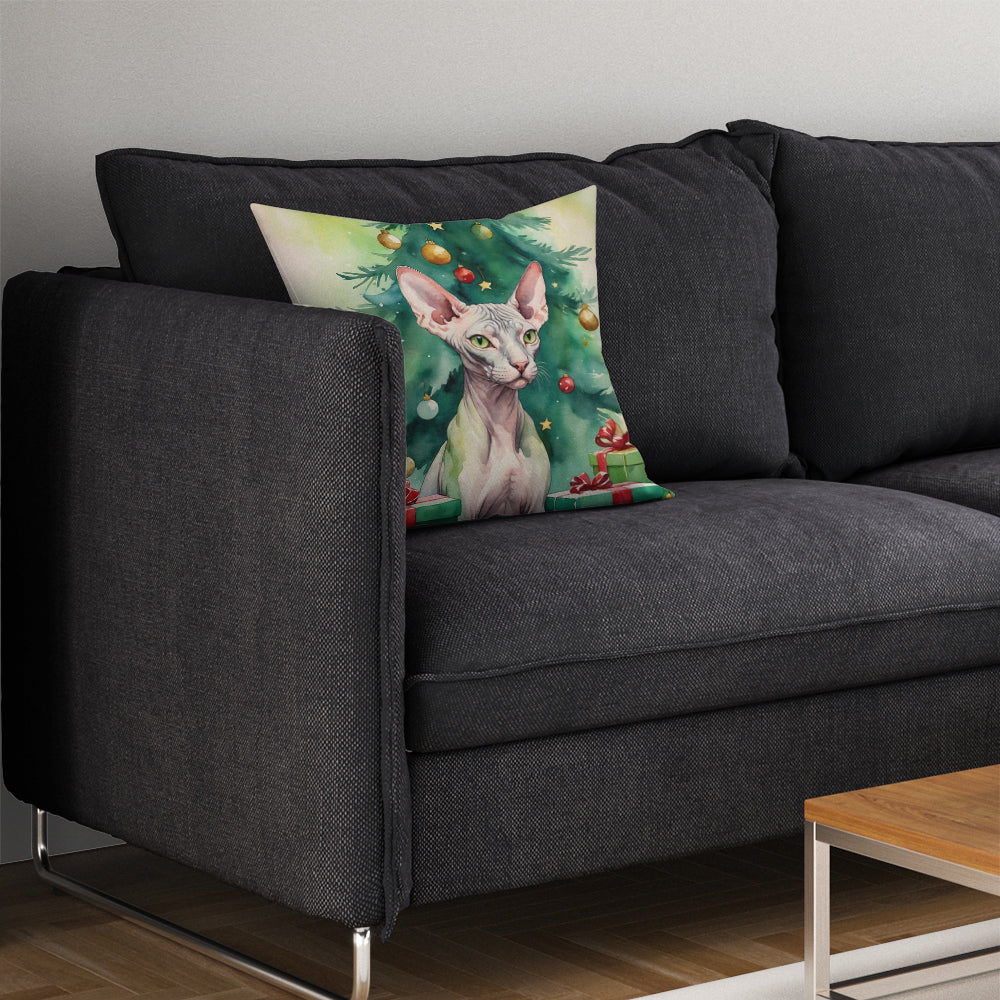 Donskoy Don Sphynx Cat By the Christmas Tree Throw Pillow